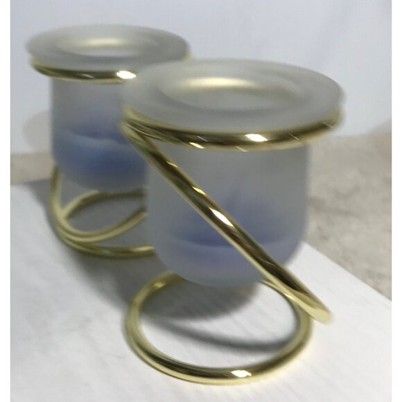 Pair Of PartyLite Gemini Frosted Glass Votive Holders Gold Rings Like New withBo - Picture 2 of 12